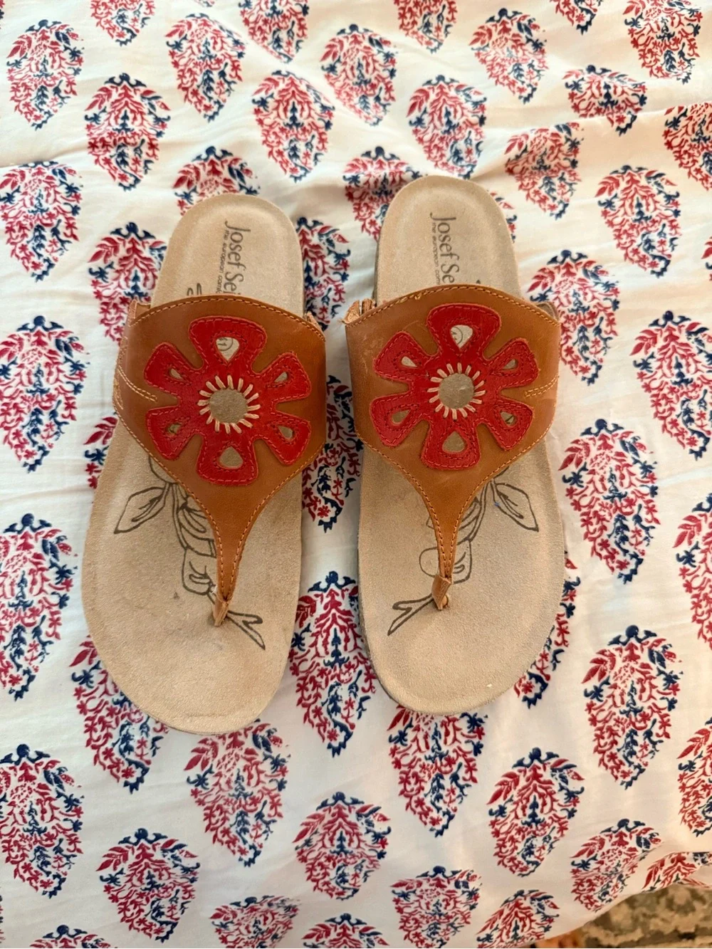 Josef Seibel Tan Leather Thong Sandals with Red Floral Cutout